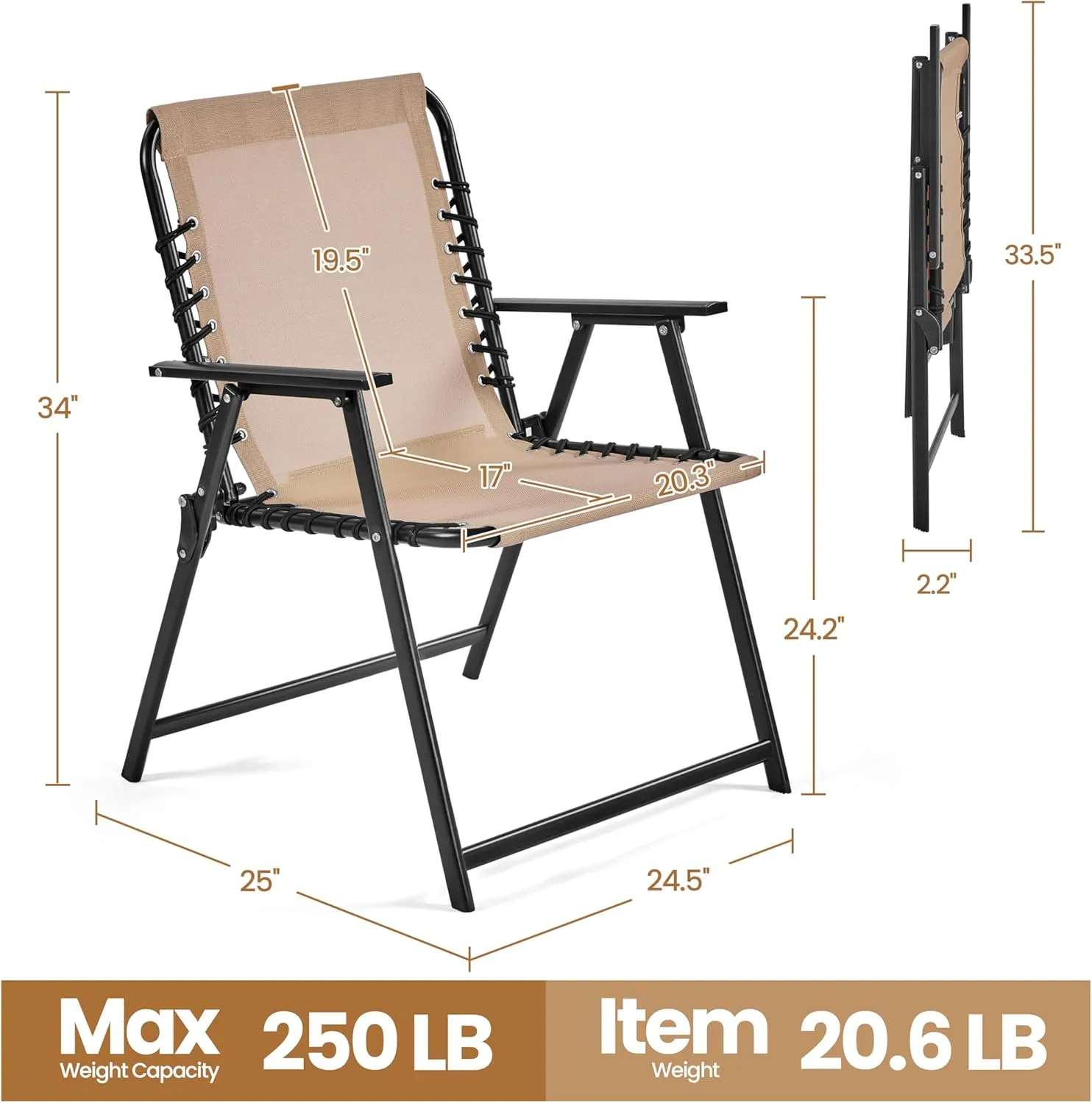 Yaheetech Patio Dining Chairs Set of 2 with Armrests and Backrests, Outdoor Texteline Folding Chairs All Weather for Garden, Lawn, Porch and Backyard, Beige