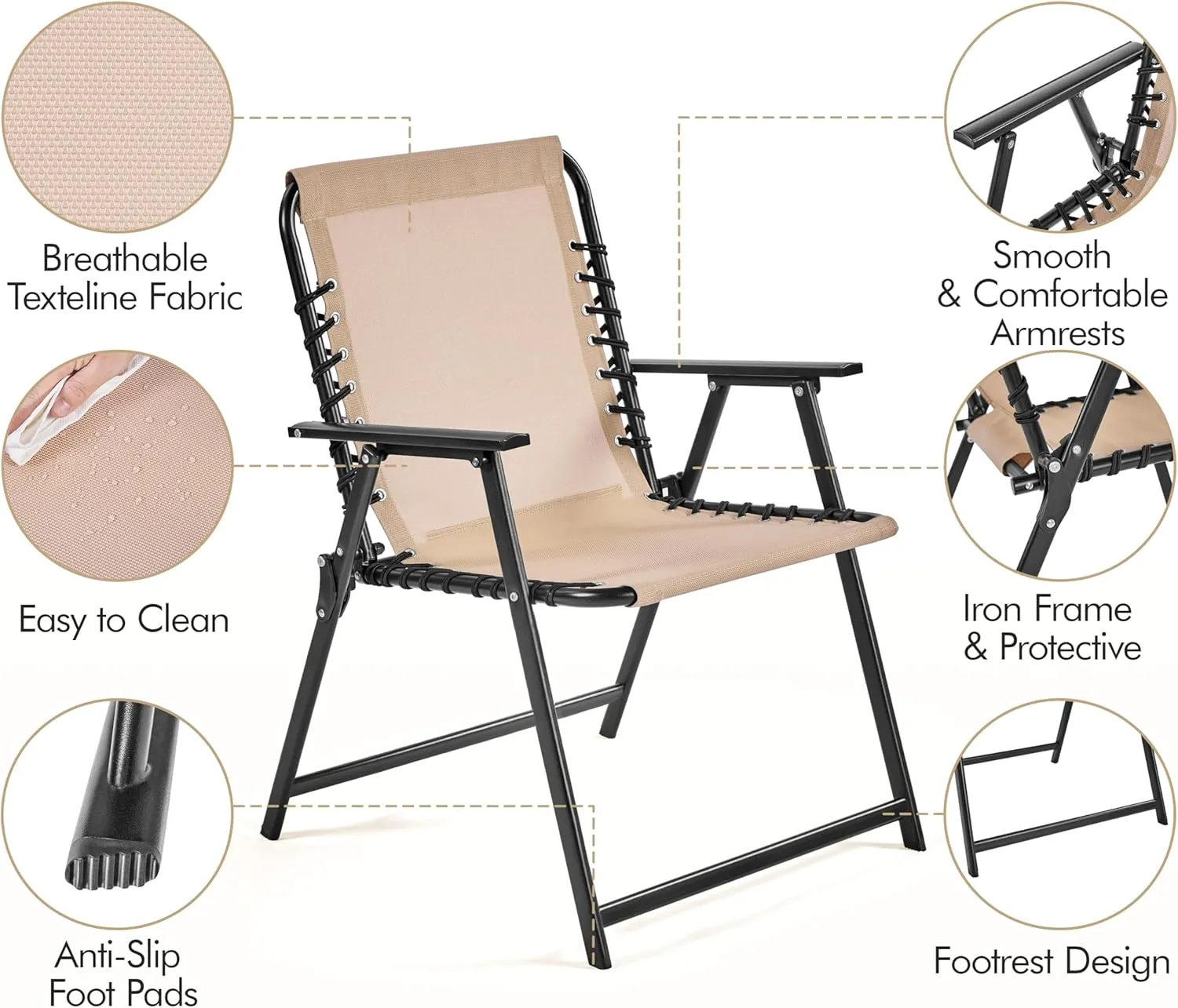 Yaheetech Patio Dining Chairs Set of 2 with Armrests and Backrests, Outdoor Texteline Folding Chairs All Weather for Garden, Lawn, Porch and Backyard, Beige