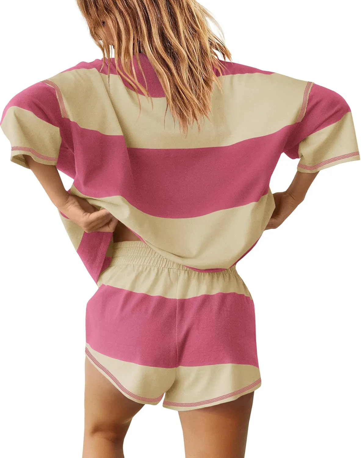 Yanekop Womens 2 Piece Outfits Summer Striped Workout Set Oversized Matching Lounge Sets Quarter Zip Shirt and Shorts