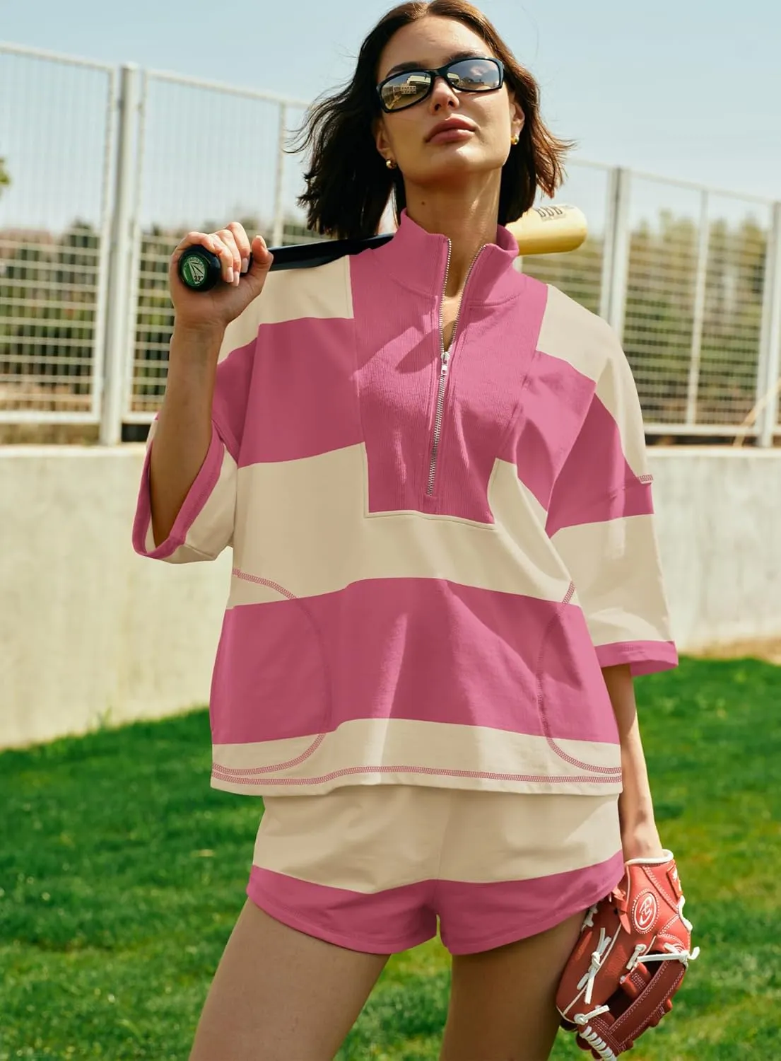 Yanekop Womens 2 Piece Outfits Summer Striped Workout Set Oversized Matching Lounge Sets Quarter Zip Shirt and Shorts