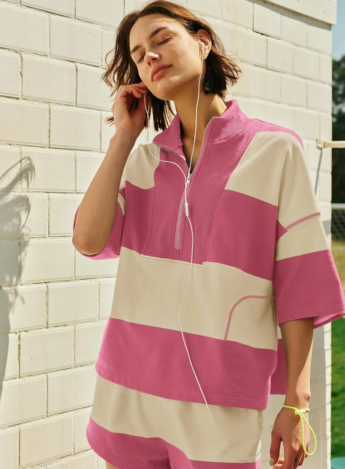 Yanekop Womens 2 Piece Outfits Summer Striped Workout Set Oversized Matching Lounge Sets Quarter Zip Shirt and Shorts