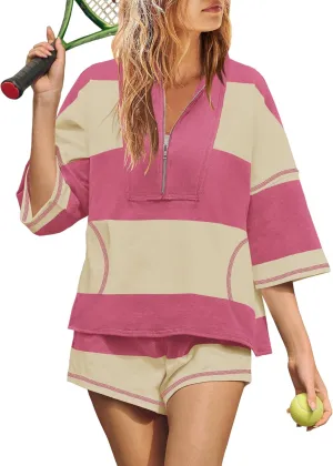 Yanekop Womens 2 Piece Outfits Summer Striped Workout Set Oversized Matching Lounge Sets Quarter Zip Shirt and Shorts