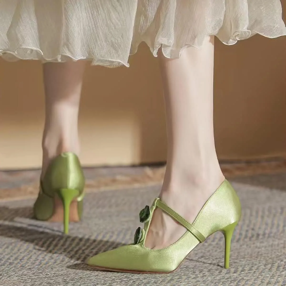 YDN Women Crystal Decoration Slip On Pumps Fashion Pointed Toe T-Strap Stiletto High Heels Dress Party Wedding Shoes Size 4-15 US