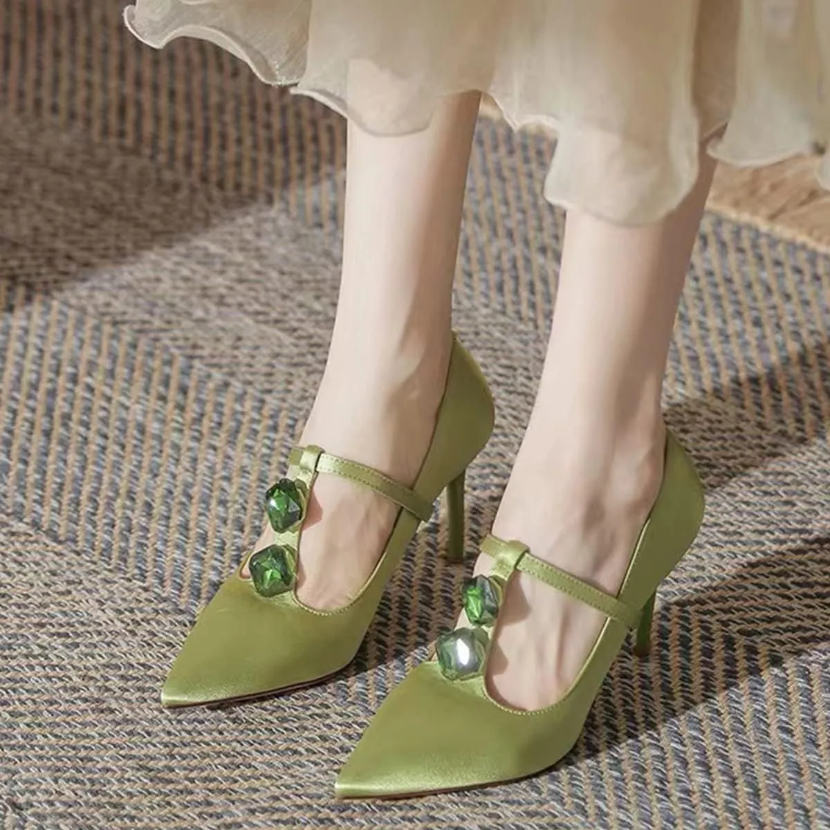 YDN Women Crystal Decoration Slip On Pumps Fashion Pointed Toe T-Strap Stiletto High Heels Dress Party Wedding Shoes Size 4-15 US