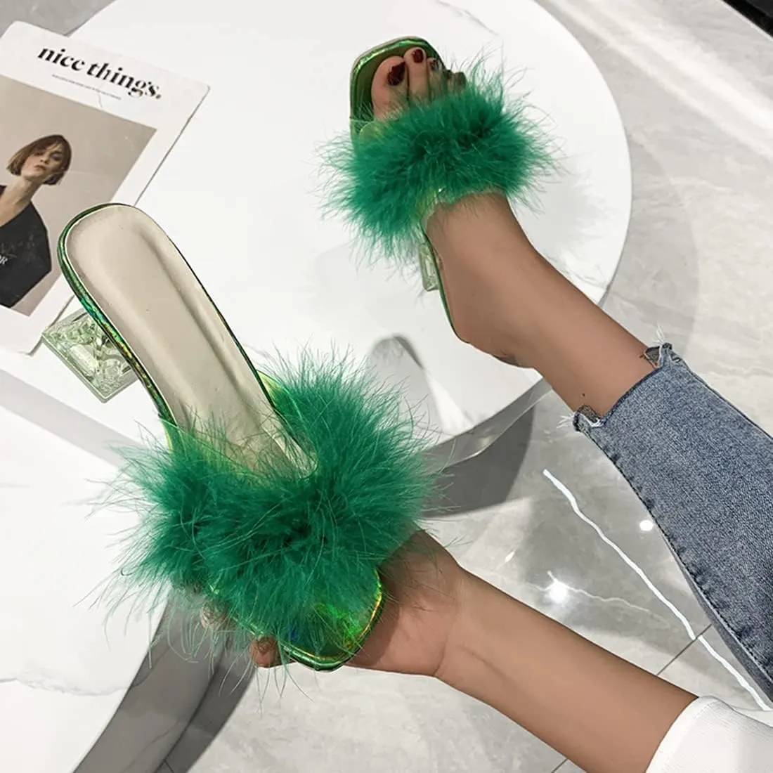 YIBLBOX Women's Fluffy Feather Square Toe High Clear Block Heel High Heels Wedding Dress Heel Sandal