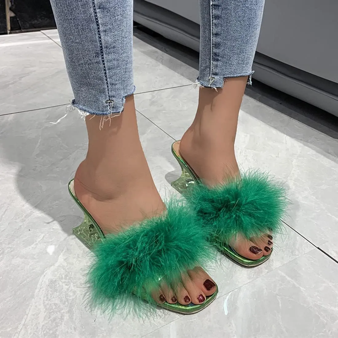 YIBLBOX Women's Fluffy Feather Square Toe High Clear Block Heel High Heels Wedding Dress Heel Sandal