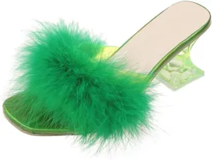 YIBLBOX Women's Fluffy Feather Square Toe High Clear Block Heel High Heels Wedding Dress Heel Sandal