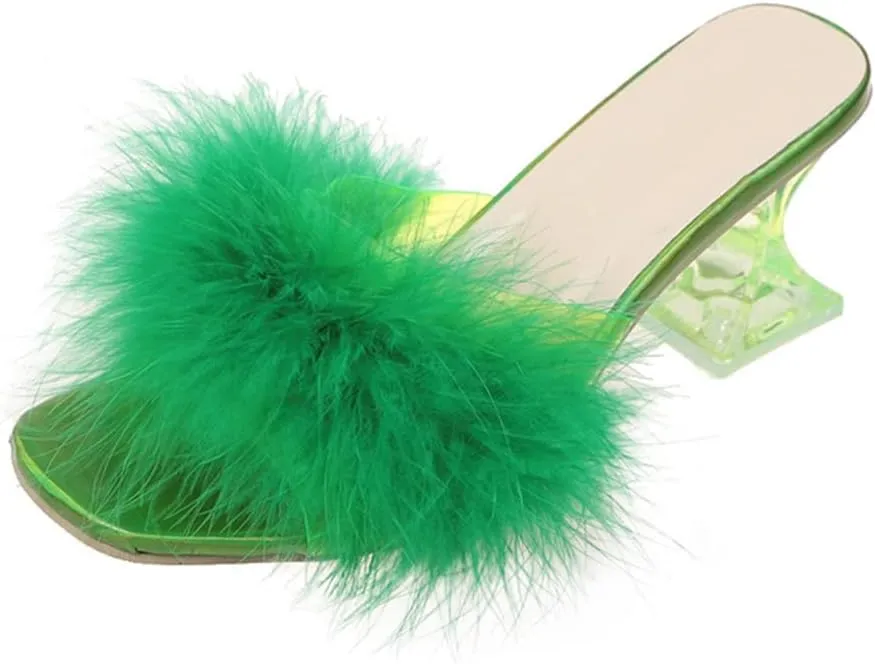 YIBLBOX Women's Fluffy Feather Square Toe High Clear Block Heel High Heels Wedding Dress Heel Sandal