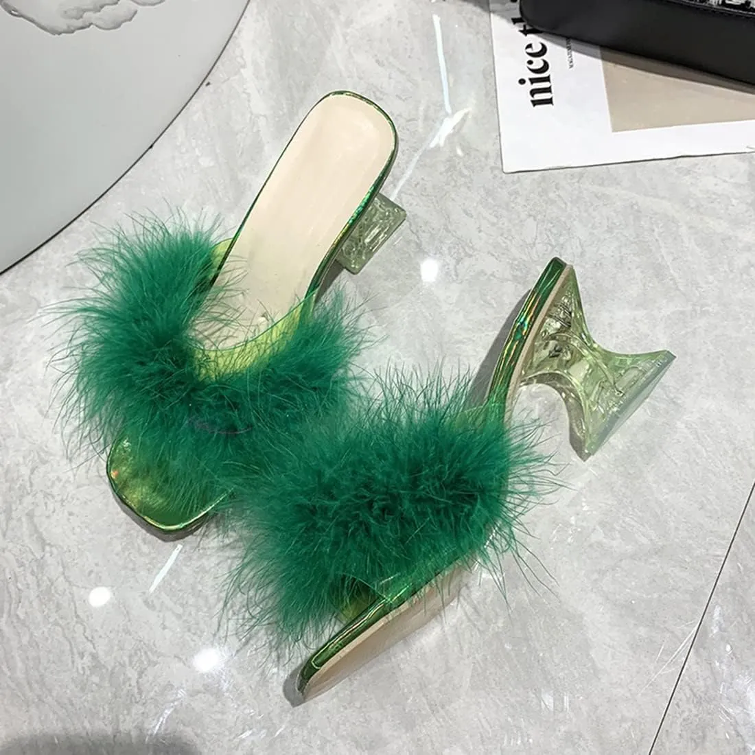 YIBLBOX Women's Fluffy Feather Square Toe High Clear Block Heel High Heels Wedding Dress Heel Sandal