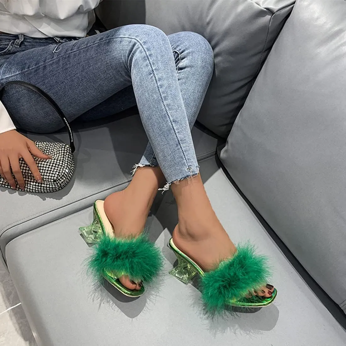 YIBLBOX Women's Fluffy Feather Square Toe High Clear Block Heel High Heels Wedding Dress Heel Sandal