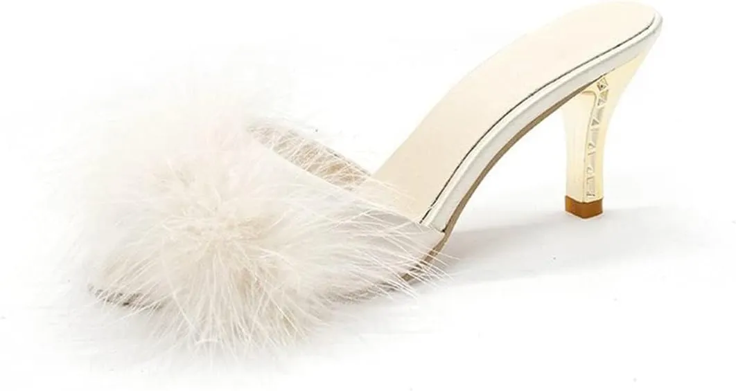 YIBLBOX Women's Round Toe Sandal Fluffy Feather Sexy Slippers Kitten Heeled Slippers (Pink, Adult, Women, 10, Numeric, US Footwear Size System, Medium)